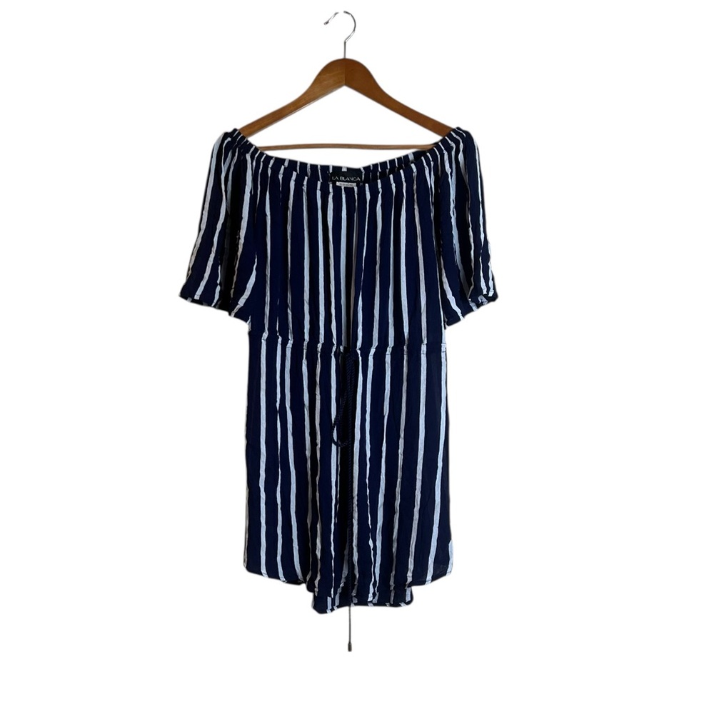 La‎ Blanca white & navy striped off shoulder dress. Size small